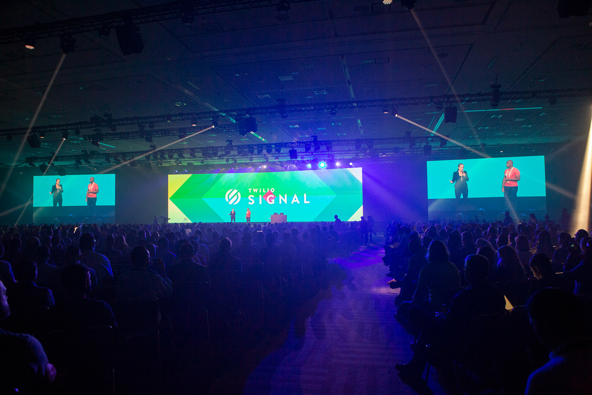 Twilio Signal keynote hall with beam lighting and thousands of attendees